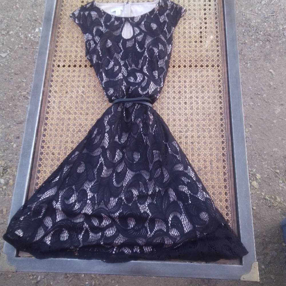 London Style Black and Cream Lace Midi Dress
